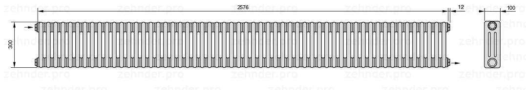 Схема (чертеж) Радиатор Zehnder Charleston 3030/56 №1670 Белый глянцевый RAL 9016